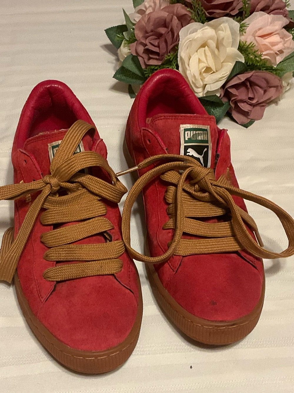 Puma Red Suede Sneakers with Brown Laces